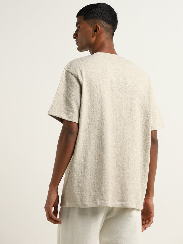 ETA Taupe Cotton Blend Ribbed Relaxed Fit T-Shirt