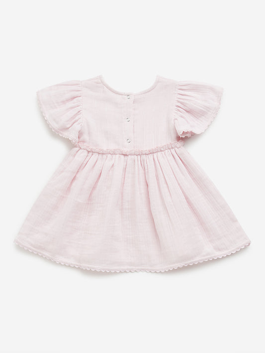 HOP Baby Pink Floral Embroidered A-Line Cotton Dress