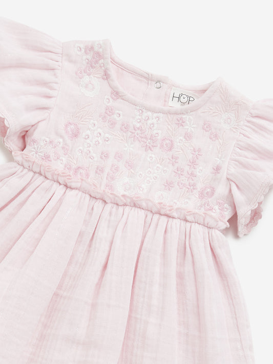 HOP Baby Pink Floral Embroidered A-Line Cotton Dress