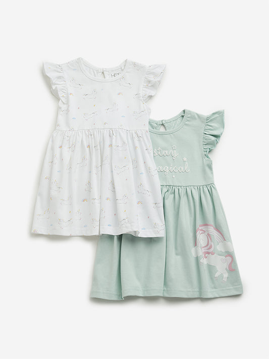 HOP Baby White Unicorn Design A-line Dress - Pack of 2