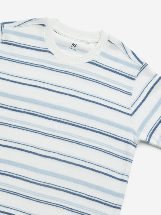 Y&F Kids Blue Striped Cotton T-Shirt