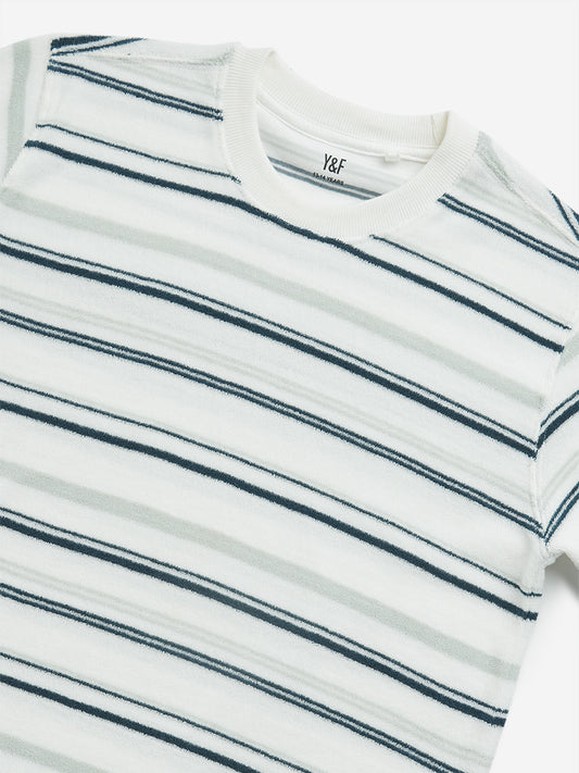 Y&F Kids Green Striped Cotton T-Shirt