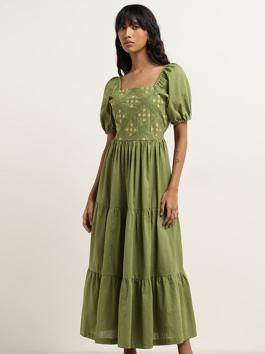Bombay Paisley Olive Floral Embroidered Tiered Cotton Dress
