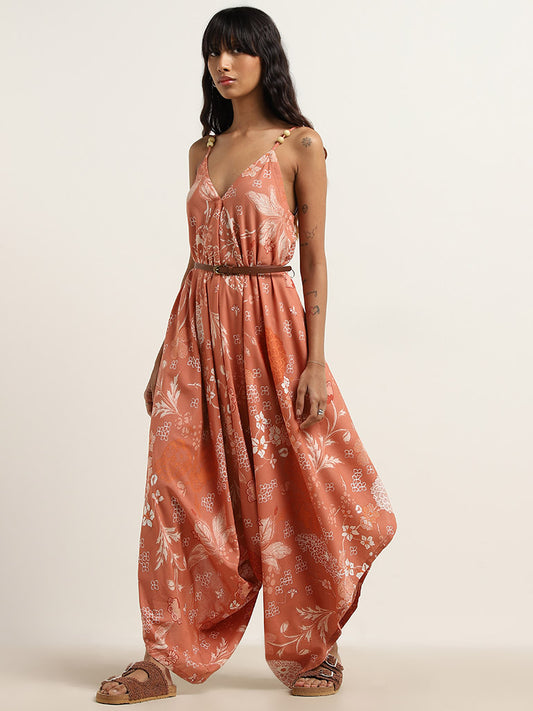 Bombay Paisley Rust Foliage Design Flared Jumpsuit with Belt