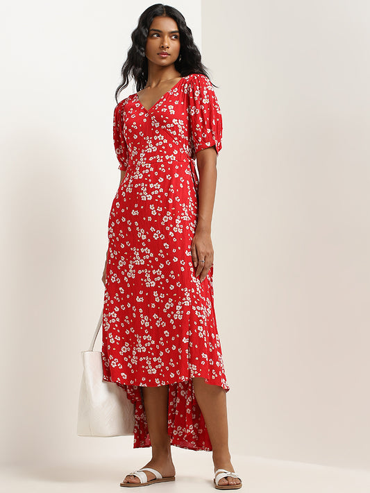 LOV Red Floral Patterned High-Low Assymetric Dress