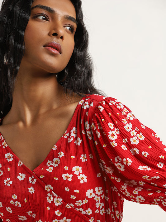 LOV Red Floral Patterned High-Low Assymetric Dress
