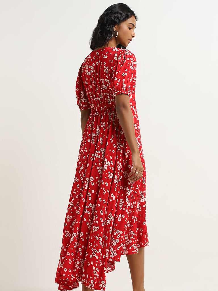 LOV Red Floral Patterned Assymetric Dress