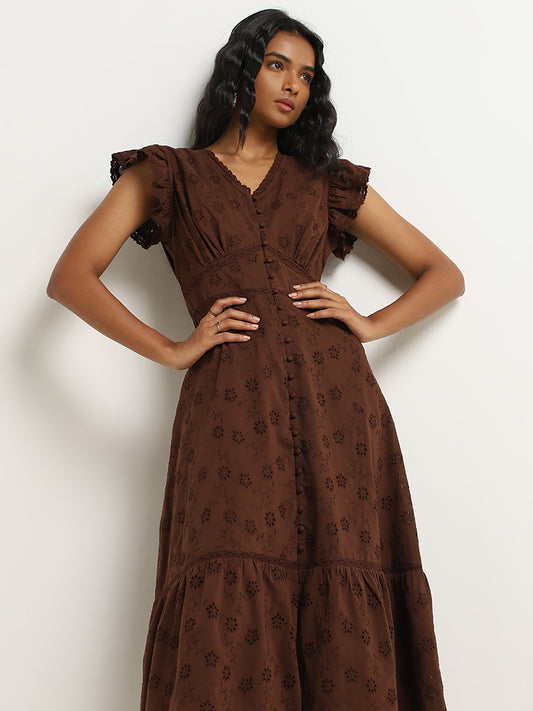 LOV Dark Brown Schiffli Design A-Line Cotton Dress
