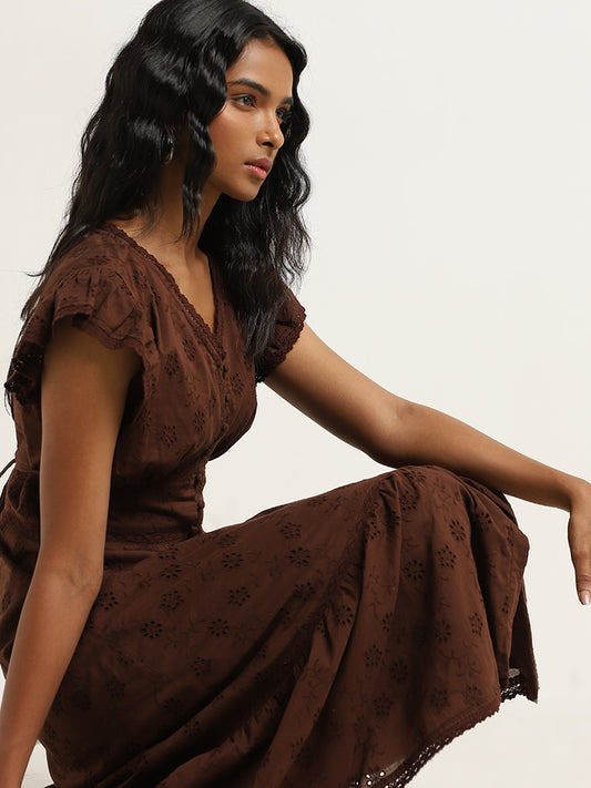LOV Dark Brown Schiffli Design A-Line Cotton Dress
