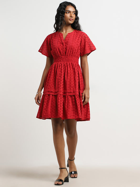 LOV Red Schiffli Design Cotton Tiered Dress