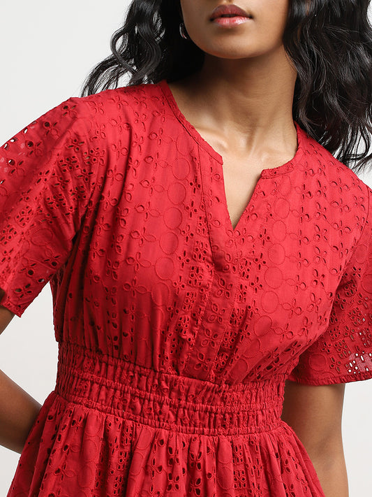 LOV Red Schiffli Design Tiered Dress