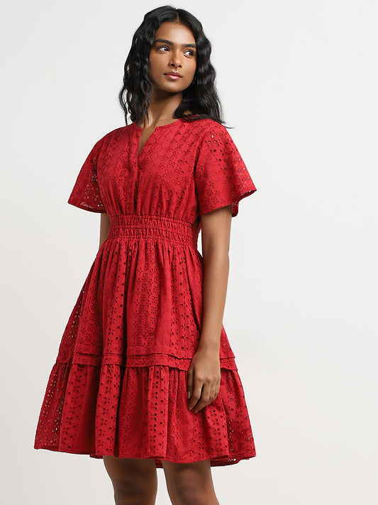 LOV Red Schiffli Design Tiered Dress