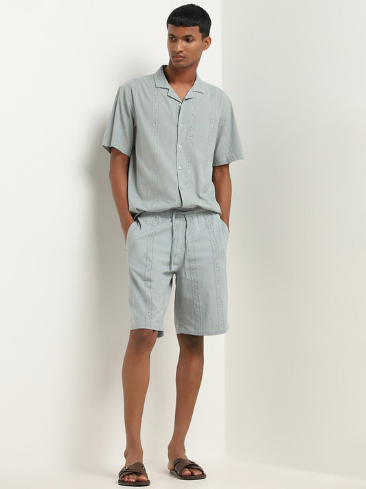 ETA Dusty Teal Schiffli Relaxed-Fit Mid-Rise Cotton Shorts