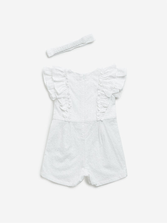 HOP Baby White Schiffli Design Cotton Jumpsuit with Hairband Set