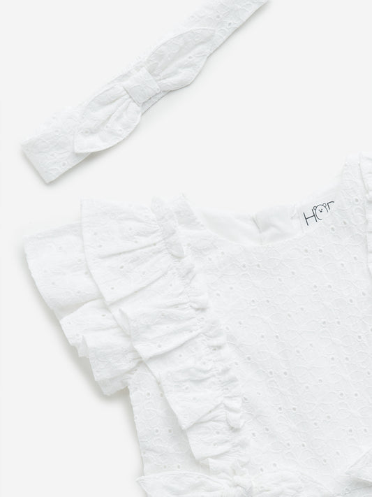 HOP Baby White Schiffli Design Cotton Jumpsuit with Hairband Set