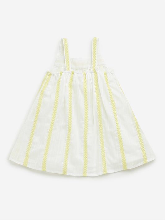 HOP Kids White Leaf Embroidered A-Line Cotton Dress