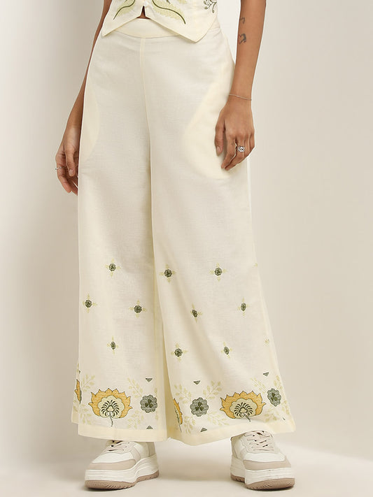 Bombay Paisley Off-White Embroidered High-Rise Palazzos