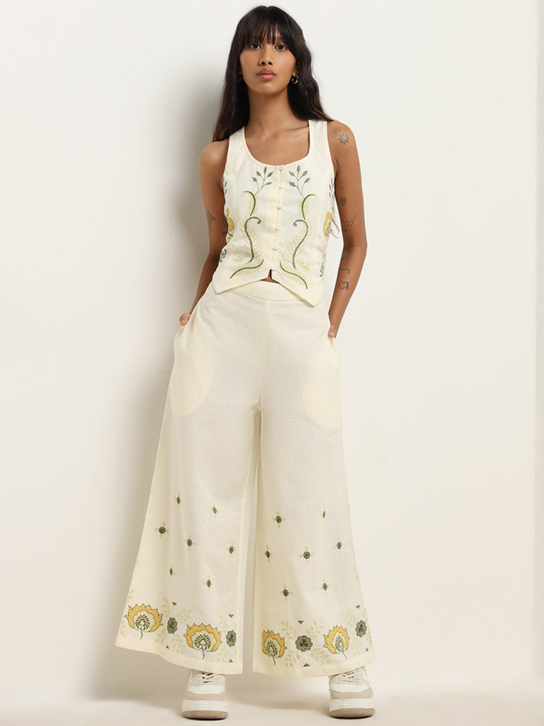 Bombay Paisley Off-White Embroidered High-Rise Palazzos