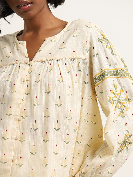 Bombay Paisley Off-White Embroidered Cotton Top