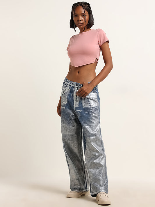 Nuon Solid Pink Cotton Blend Crop T-Shirt