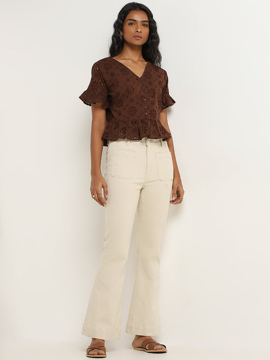 LOV Dark Brown Schiffli Design Cotton Top