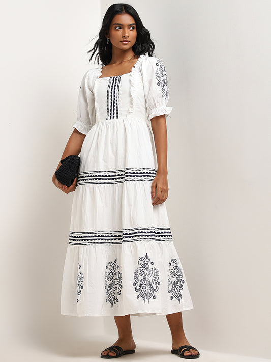 LOV White Abstract Pattern Cotton Blend Tiered Dress