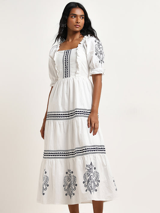 LOV White Abstract Pattern Cotton Blend Tiered Dress