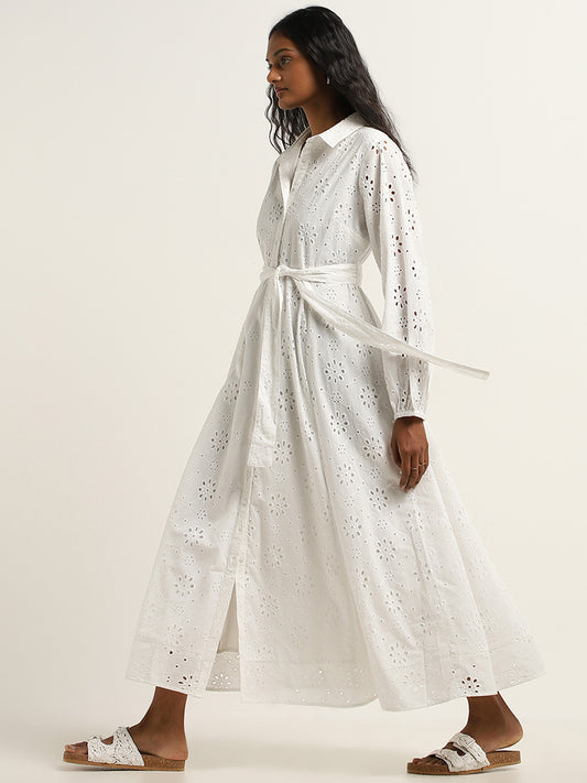 LOV White Schiffli Shirt Cotton Dress with Belt