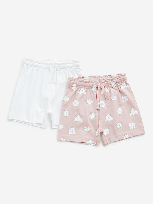 HOP Baby Dusty Pink Animal Print Mid-Rise Cotton Shorts - Pack of 2