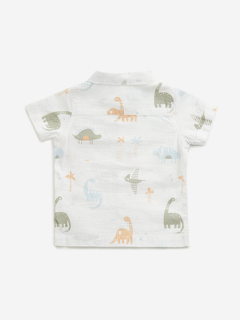HOP Baby White Dinosaur Patterned Seersucker Shirt