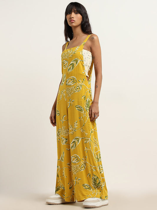 Bombay Paisley Yellow Leaf Printed Jumpsuit with Top Set