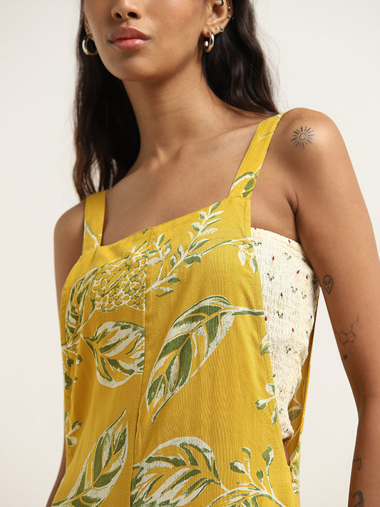 Bombay Paisley Yellow Leaf Printed Jumpsuit with Top Set