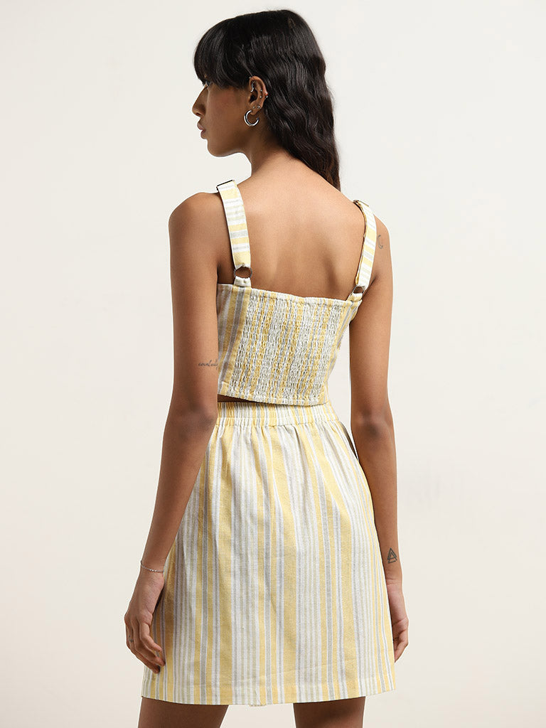Bombay Paisley Yellow Stripe Printed Blended Linen Top