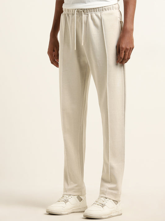 Studiofit Light Beige Relaxed-Fit Mid-Rise Cotton Track Pants