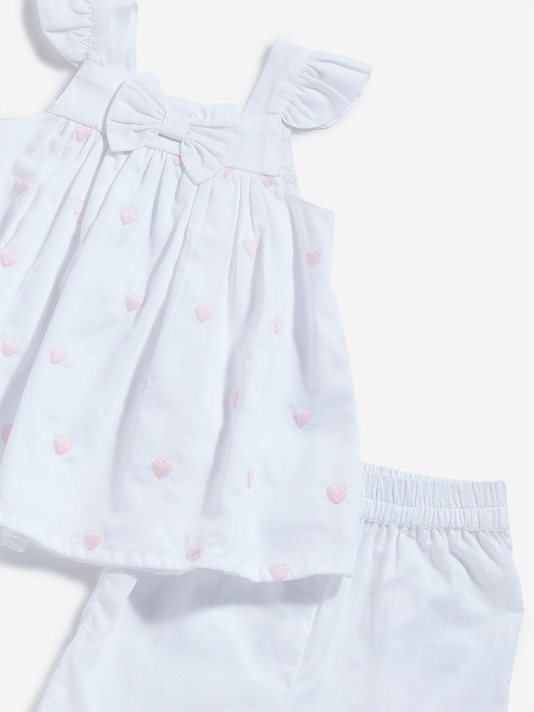 HOP Baby White Heart-Printed Top and High Rise Shorts Set