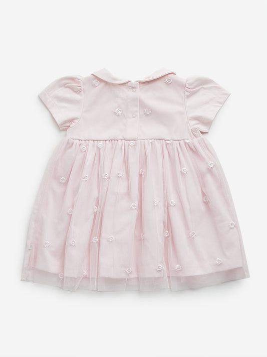HOP Baby Pink Floral Embroidered Party Cotton Dress