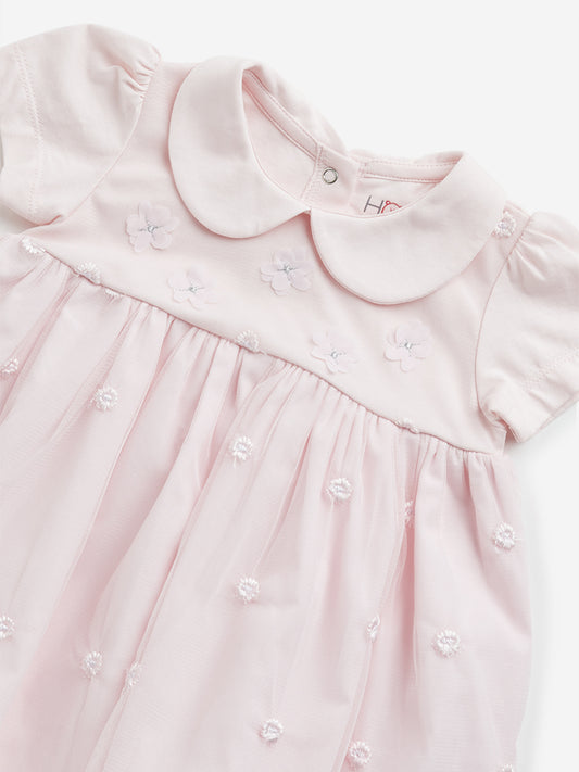 HOP Baby Pink Floral Embroidered Party Cotton Dress