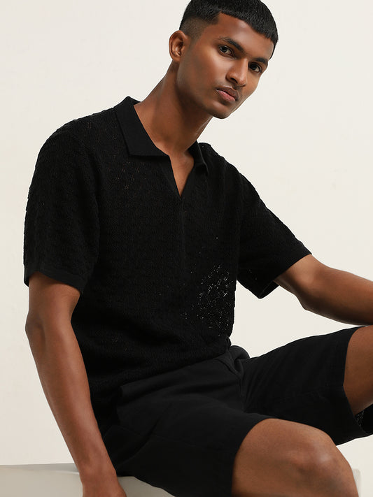 ETA Black Relaxed Fit Knit Textured T-Shirt
