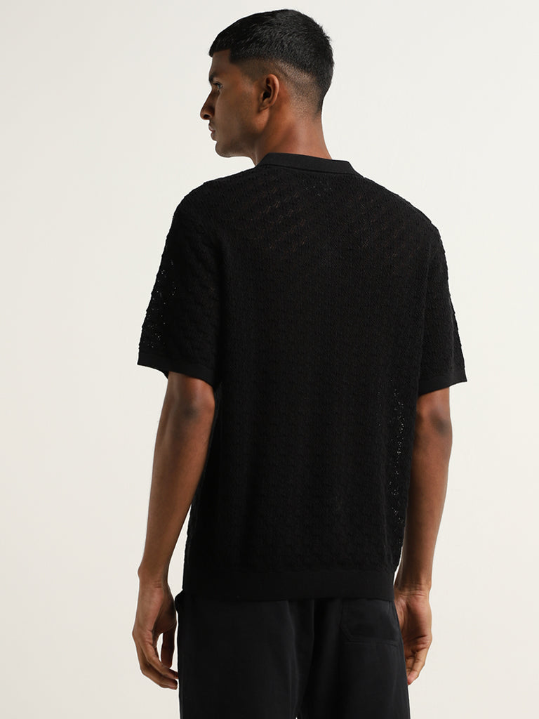 ETA Black Relaxed Fit Knit Textured T-Shirt