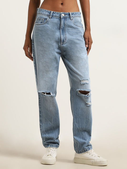 Nuon Blue Ripped Mid-Rise Straight Fit Jeans