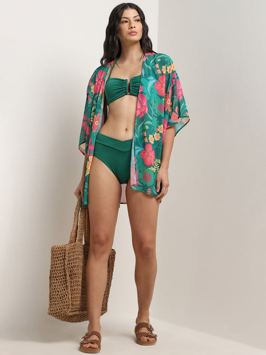 Wunderlove Green Floral Print Swimwear Cover Up Kimono