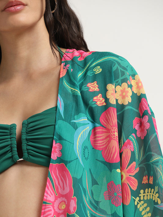 Wunderlove Green Floral Print Swimwear Cover Up Kimono