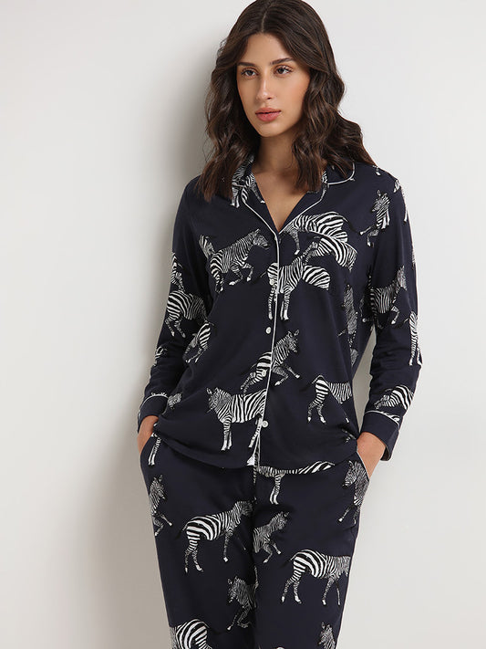 Wunderlove Navy Zebra Printed Cotton Shirt with Pyjamas Set