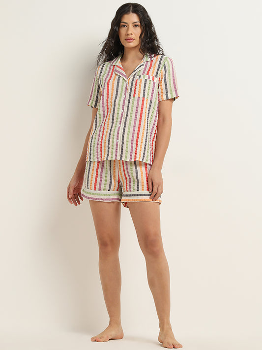 Wunderlove Multicolour Striped Cotton Shirt and Shorts Set