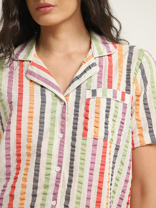 Wunderlove Multicolour Striped Cotton Shirt and Shorts Set