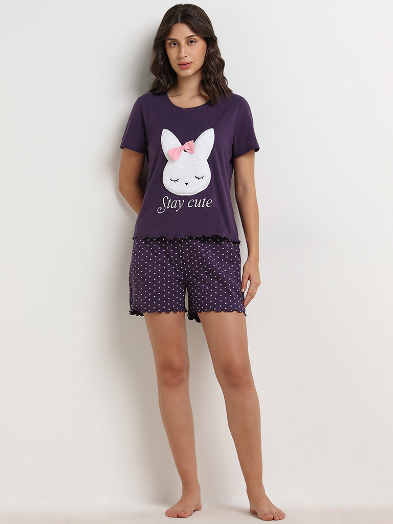 Wunderlove Purple Bunny Cotton T-Shirt and Shorts Set