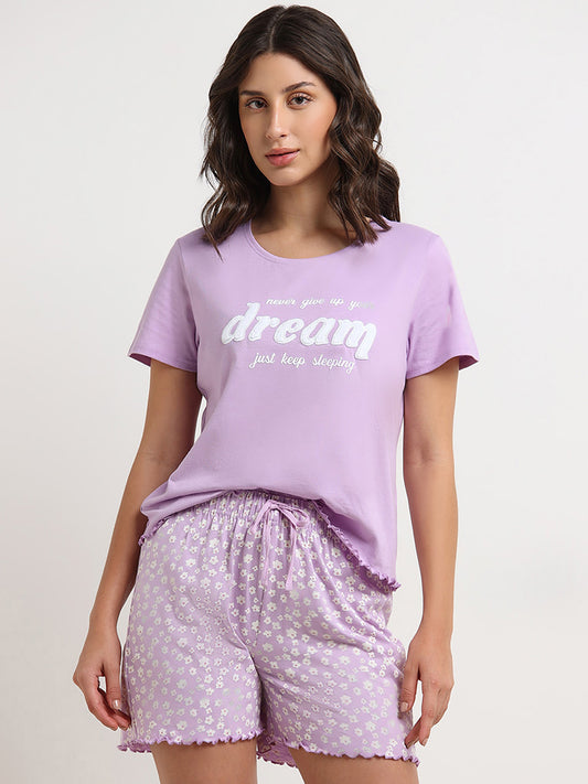 Wunderlove Lilac Text Printed T-Shirt and Shorts Set