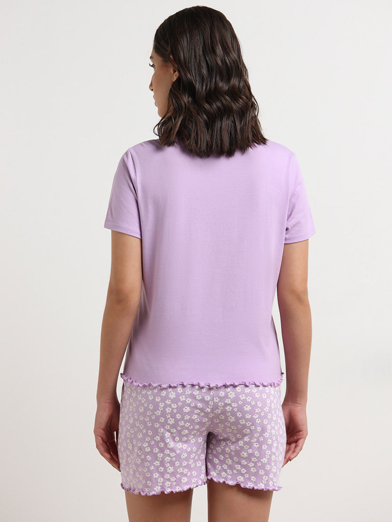 Wunderlove Lilac Text Printed Cotton T-Shirt and Shorts Set