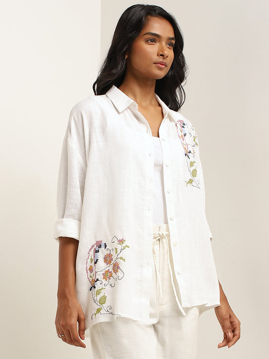 LOV White Embroidered Blended Linen Shirt