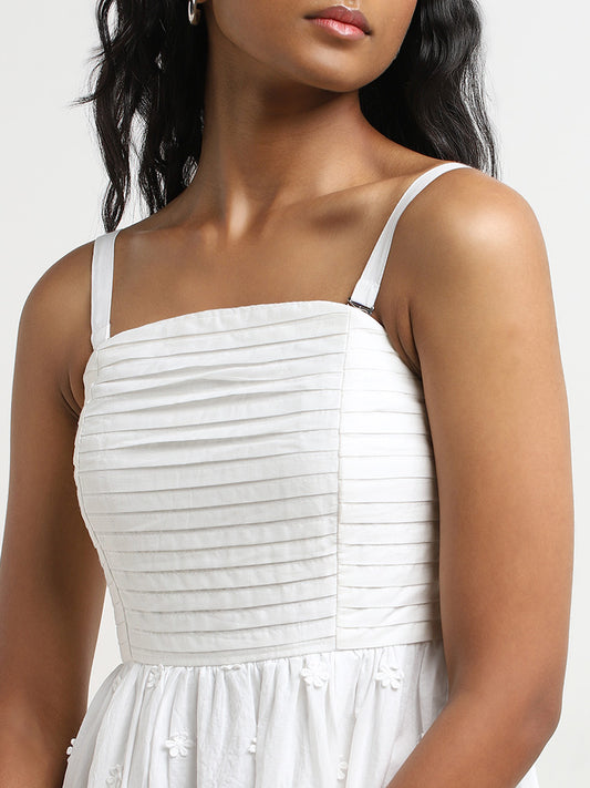 LOV White Pleated Cotton A-Line Dress